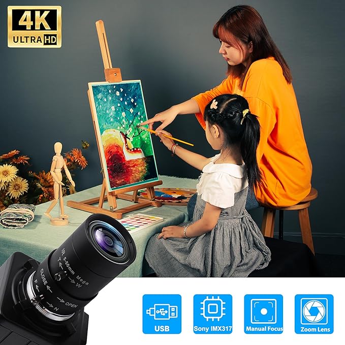 SVPRO 4K Ultra HD Webcam USB Digital Industrial Camera with CS Mount 5-50mm Telephoto Zoom Manual Lens UVC Free Drive10X Optical Zoom Video Camera with Sony IMX317 Sensor