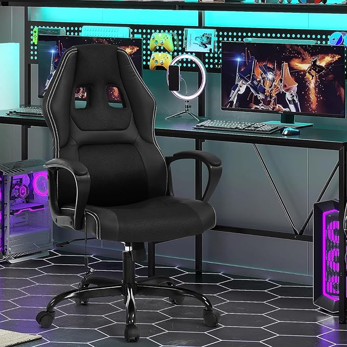 High-Back Racing Gaming Chair with Massage Lumbar Support - Ergonomic Adjustable Swivel - Black PU Leather - Perfect for Home Office or Gaming (Black)