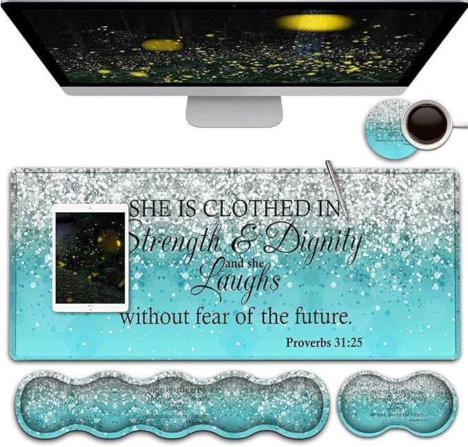 Gaming Mouse PadLarge Mouse Pad with Stitched EdgeNon-Slip Base Office Desk Pad Ergonomic Keyboard Wrist Rest SetWaterproof Writing Pad Proverbs 31：25 Bible Blue Glitter Extended Desk Mat