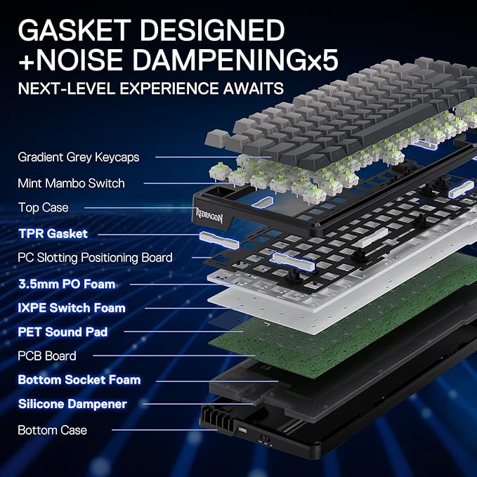 Redragon K673 GB 75% Wireless Gasket RGB Gaming Keyboard 3-Modes 81 Keys PBT Compact Mechanical Keyboard w/Hot-Swap Socket Dedicated Knob Control &amp 5-Layer Noise Dampening Custom Linear Switch