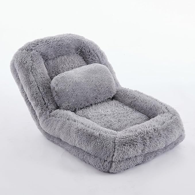 Floor Chair with Back Support Human Dog Bed with 5 Adjustable Position Convertible Lazy Floor Lounger Comfy Gaming Chair Plush Folding Sofa Bed for Adult Living Room Bedroom Light Gray