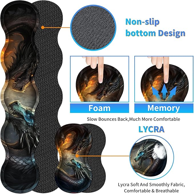 4Pcs Memory Foam Keyboard Mouse Wrist Rest Pad + Gaming Desk Mat 31.5 * 11.8 with Stitched Edges + Mouse Wrist Cushion + Coasters Non-Slip Desk Pad Protector for Laptop Desktop Flame Dragon