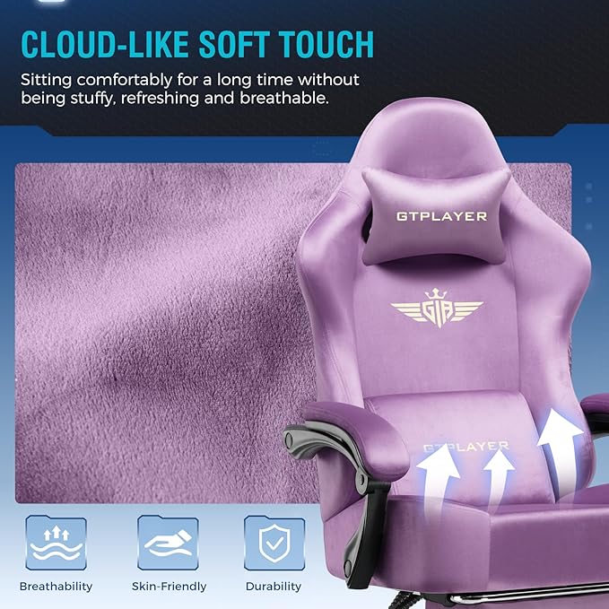 GTPLAYER Gaming Chair Fabric with Pocket Spring Cushion High Back Ergonomic Computer Chair with Footrest for Adults Lumbar Support Swivel Game Chair for Office Gaming 350LBS Light Purple