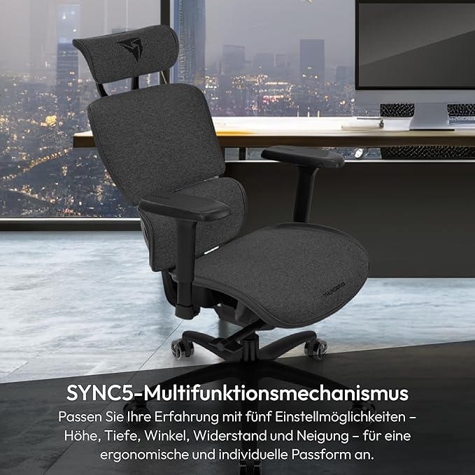 ThunderX3 XTC Ergonomic Office Chair for Adults Gaming Chair High Back Desk Chair Synchronous Tilt Self-Adjusting Lumbar Support and Backrest Adjustable Headrest Fabric Loft Dark Grey