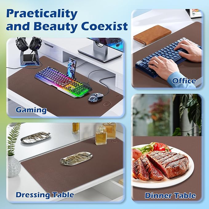 Wireless Charging Desk Mat with Desk Pad for Desktop Charging Large Mouse Pad Waterproof Leather Computer Mat Mouse Pad Non-Slip Protector on Top of Desks for Keyboard and Mouse (brown-r 32*16inch)