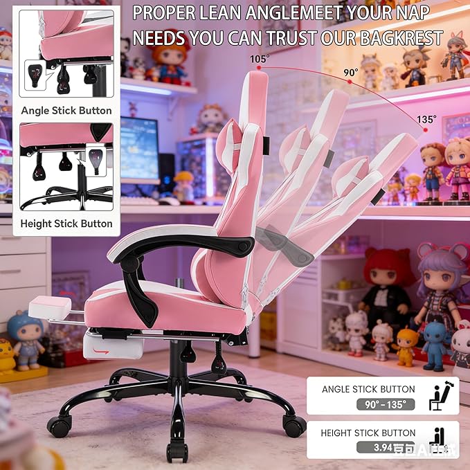 Computer Gaming Chair Game Chair for Adults with Retractable Footrest Adjustable Headrest Ergonomic High Back Racing Style Swivel Recliner for Teens Girls/Boys (Pink)