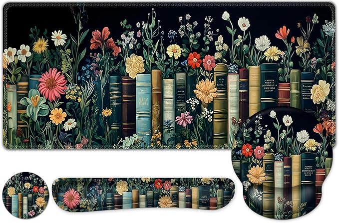 Wildflowers Mouse Pad Large Desk Mat Extended Nature Botanical Aesthetic Deskpad 4 PCS Non-Slip Rubber Base Computer Mouse Pads for Work Game Office Home Decor Gifts I Floral Plants Books