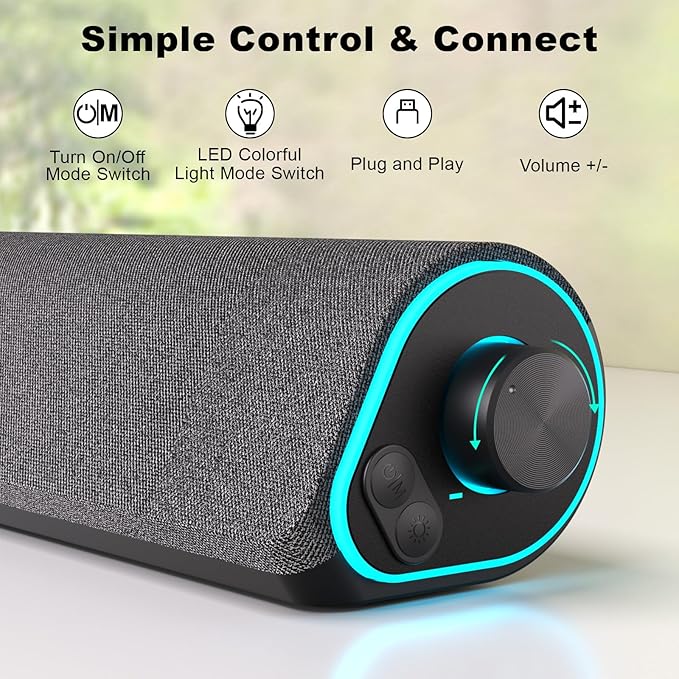 SOULION R50 Bluetooth Computer Speakers 3.5mm PC Sound Bar for Desktop Monitor Wired USB Powered &amp Colorful LED Lights with Switch Button Surround Sound Soundbar PC Spearkers for Computer