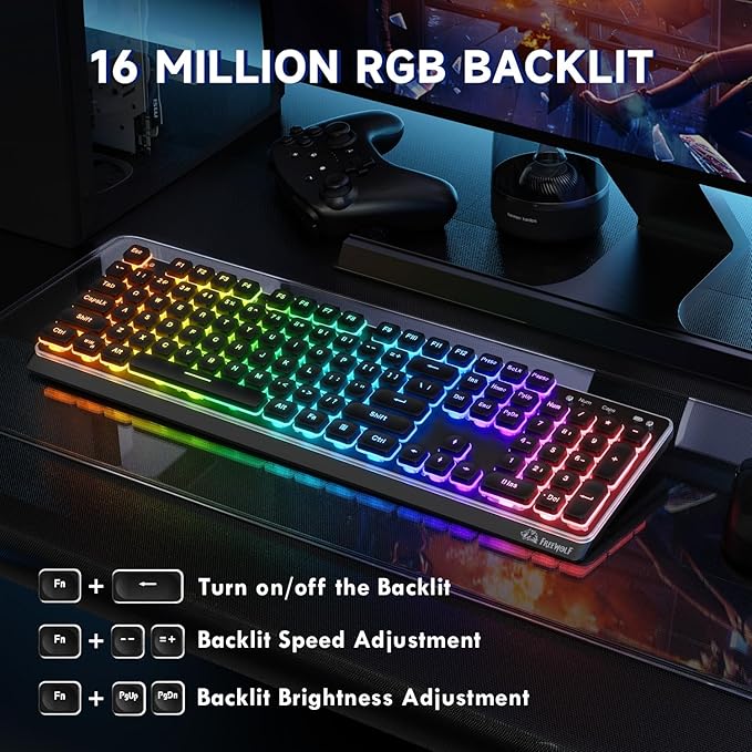 M104 Wireless Gaming Keyboard Wired/Bluetooth Mechanical Feel Light up Membrane Computer Keyboard with Numeric Keypad RGB Full Size Mental Panel 4000MAH Rechargeable Quiet for PC Gamer-Black