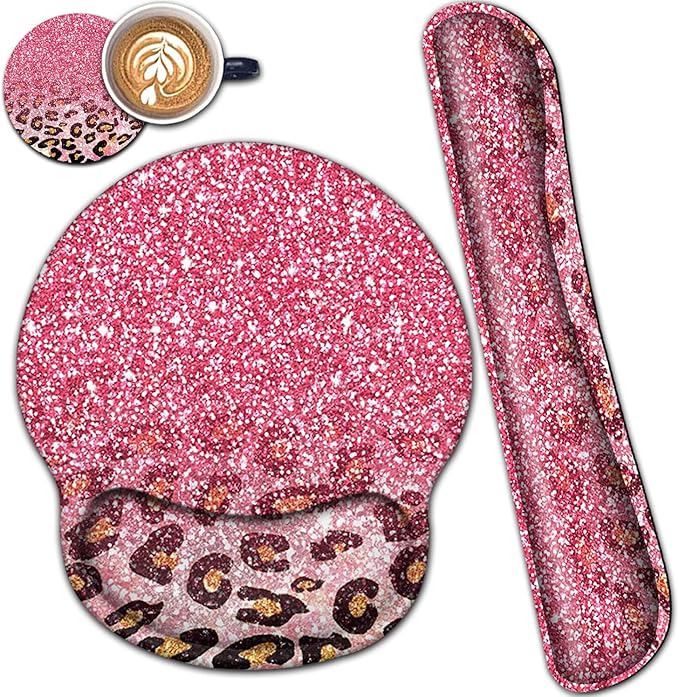 Ergonomic Mouse Pad Gel Wrist Support and Memory Foam Keyboard Wrist Rest Set for Gaming Computer Office Laptop Easy Typing Wireless Mouse Mat Pink Glitter Leopard Pattern Office Desk Pad