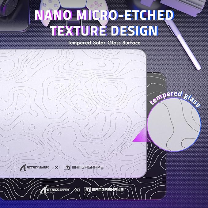 ATTACK SHARK CM05SE Glass Gaming Mouse Pad for FPS &amp Esports Nano-Etched Tempered Glass SurfaceUltra-Smooth Low Friction Hard MousepadWaterproof Large Desk Mouse Mat for PC SetupWhite Contour