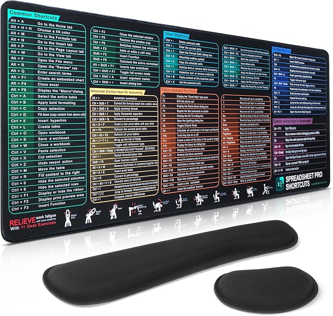Excel Cheat Sheet Mouse Pad Set | 3-Piece XXL Ergonomic Desk Mat with Wrist Rest for Office &amp Gaming(Black)