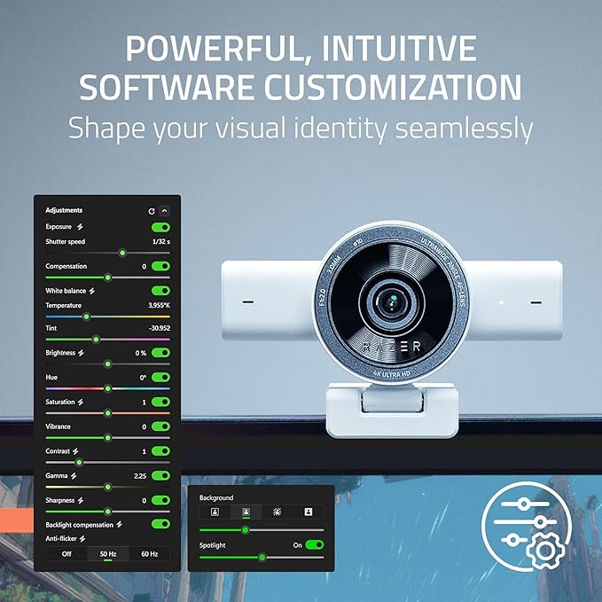 Razer Kiyo V2 Streaming Webcam: 4K 30 FPS 1080p 60 FPS - AI Powered Auto-Framing - Built-in Microphone - Ultrawide Angle Lens - Privacy Cover - Works with OBS Xsplit Discord Zoom Teams - White