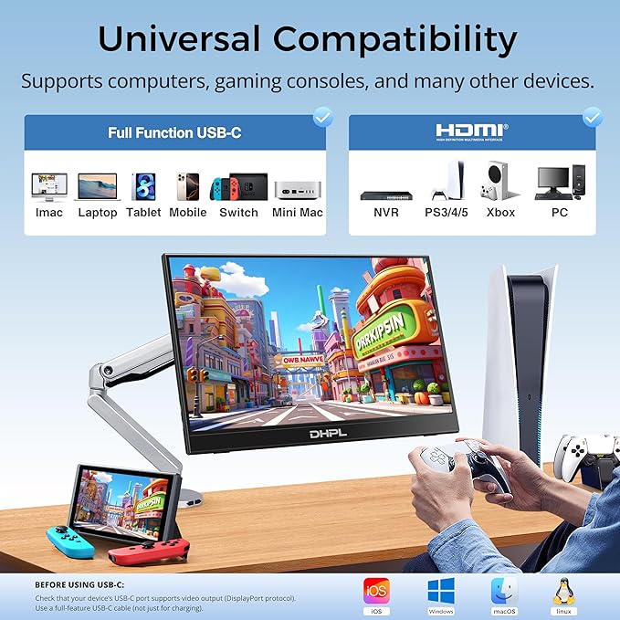 15.6 Portable Monitor FHD IPS – Ultra-Slim Travel Display with USB-C HDMI Built-in Speakers &amp Smart Cover Second Screen for Laptop/PC/Mac/Phone/Gaming Consoles