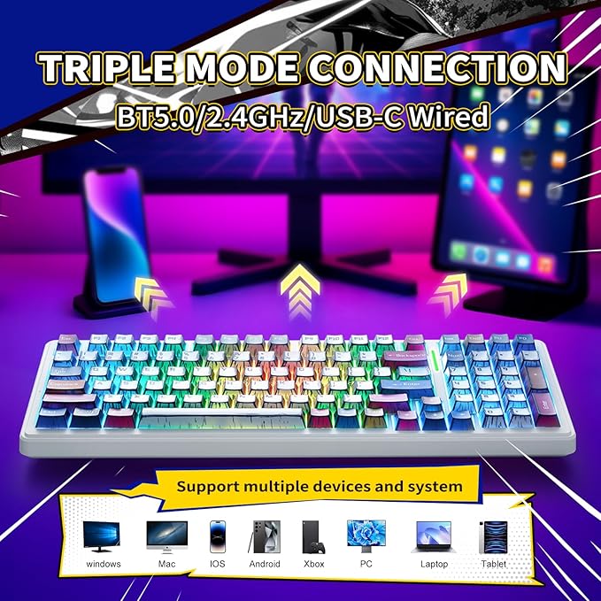 Aula F99 Mechanical Gaming Keyboard Wireless Creamy Keyboard Hot Swappable Custom Bluetooth Computer Keyboards Tri-Mode BT5.0/2.4GHz/USB-C Pre-lubed Linear Switches RGB Backlit Gasket Structure
