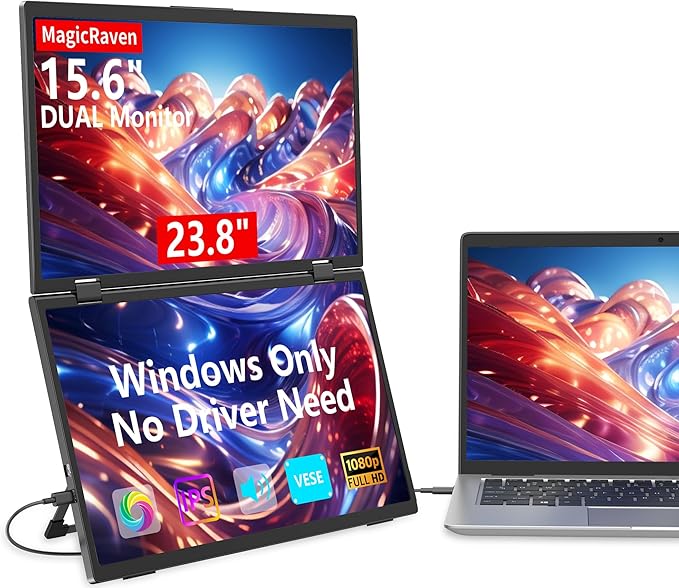 Portable Dual Monitors 15.6 1080P Dual Laptop Screen Extender Foldable Second Monitor Plug &amp Play with No Driver Needed Ideal for Home &amp Office Work with Wins Laptop