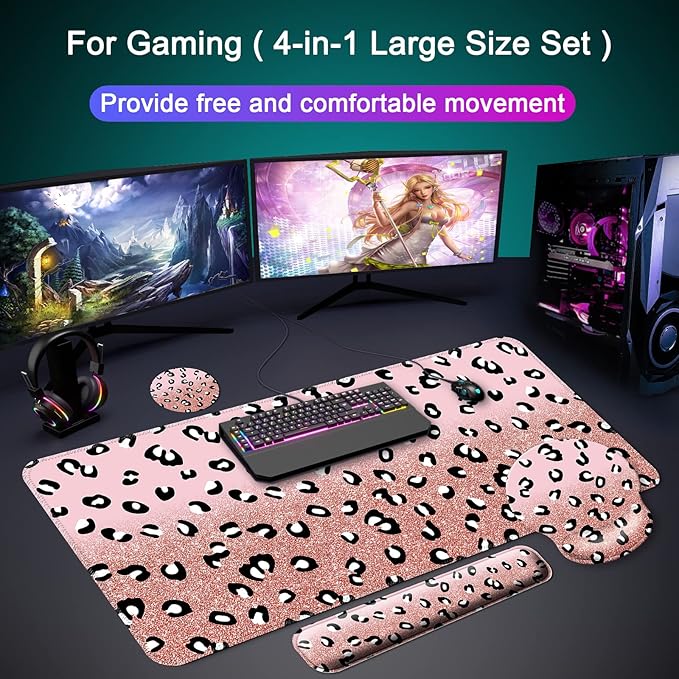 Mouse Pad + Desk Mat + Keyboard Wrist Rest + Coaster 4 in 1 Set Cute Ergonomic Large Gaming Mousepad with Wrist Rest Support Desk Pad for Computer Laptop Office Home Decor-Glittery Leopards