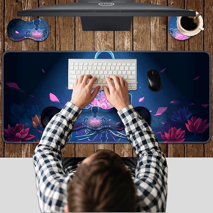 Ergonomic Keyboard Wrist Rest &amp Mouse Pad Wrist Rest SetXL Gaming Desk Mat 31.5x 11.8Non-Slip BaseMemory FoamEasy Typing Pain Relief for Office &amp HomeSkeleton with Glowing Lotus