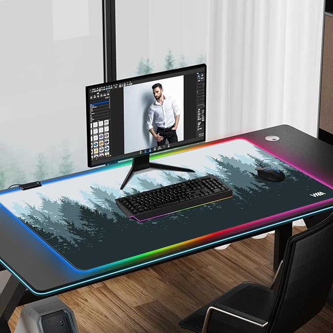 Vyaaa Extended Mouse Pad 39.3 x 19.7 RGB Desk Mat Extra Large Desk pad with Non-Slip Rubber Base Keyboard Mouse Pad Suitable for Home Gaming Office(Forest)