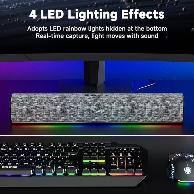 SOULION R100 Bluetooth Computer Speakers with Dynamic LED Light USB Plug &amp Play PC Speakers with Switch Button Clearly Sound Soundbar for Desktop Laptop Monitor(USB-C to USB Adapter Included)