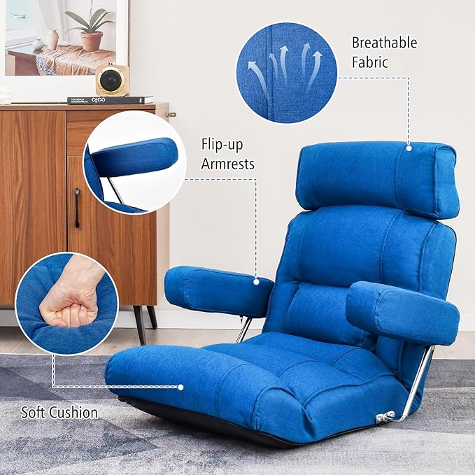 Giantex Adjustable Folding Sofa Chair - Lazy Floor Chair with Infinitely Adjustable Backrest Extendable Armrest &amp Seat Couch Recliner for Meditation Reading Gaming Floor Chairs for Adults (Blu