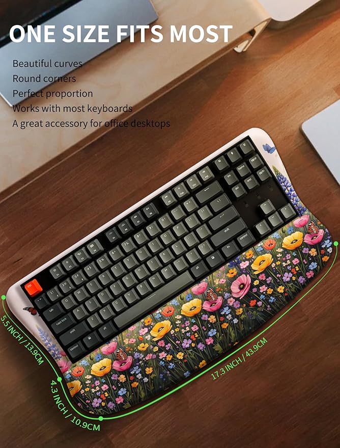 Ergonomic Wave Wrist Rest with Keyboard Stand Cushioned Palm Rest Comfortable Integrated Memory Foam for Natural Typing and Relieve Wrist Pain Flowers and Butterflies