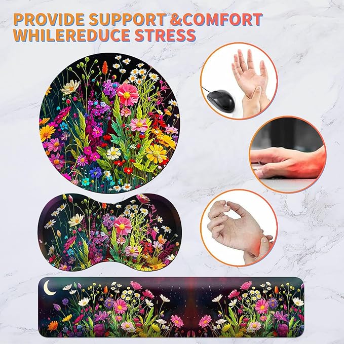 Mouse Pad with Wrist Rest + Keyboard Wrist Rest + Gaming Mouse Pad + Coasters Ergonomic Memory Foam Wrist Pad Set with Easy Typing &amp Pain Relief for Computer Laptop Office &amp Home - Floral Flow