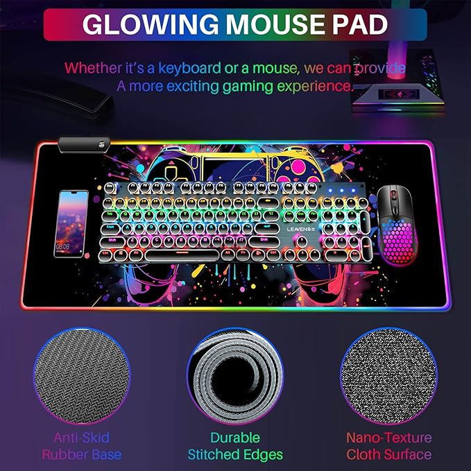 XL RGB Gaming Mouse Pad with 14 Light Modes - Light Up Gamer Mouse Pad31.5 x 11.8in Non-Slip Gamepad Style Led Large Gamer MousepadBlack Long Glowing Gaming Accessories for Desk Waterproof