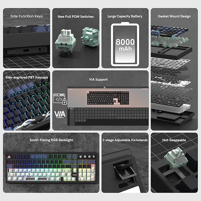 Womier Wireless Gaming Keyboard Mechanical Keyboard 98% Creamy Keyboard RGB Backlit with Number Pad and Volume Knob BT5.0/2.4GHz/USB-C Mode Hot Swappable Custom Keyboard with Linear Switches