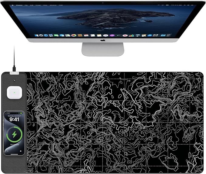 TopMade Mouse Pad with 15W Fast Wireless Charging 31.5x15.75 XXL Large Gaming Waterproof Desk Pad with Ultra-Smooth Surface Non-Slip Base Computer Desk Mat Black Topographic Map #3
