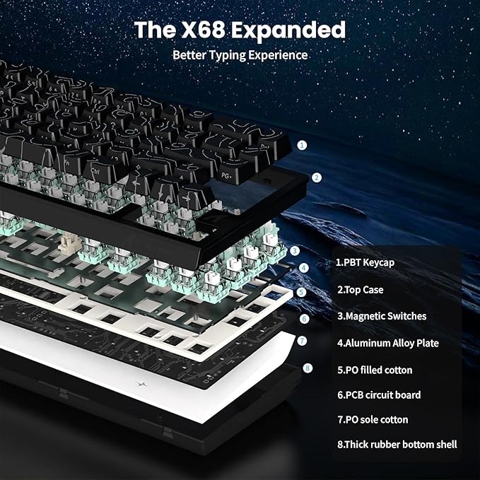 ATTACK SHARK X68 HE 8000Hz Rapid Trigger Keyboard 0.01mm RT Accuracy Wired Gaming Keyboard with Magnetic Switch Adjustable Actuation Rapid Trigger Snap Tap RGB Lighting for PC/Mac Black Contours