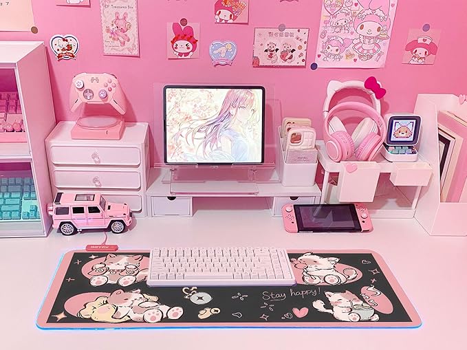 JMIYAV Pink RGB Gaming Mouse Pad 31.5x12 Inch PC XL Large Extended Glowing Led Light Up Desk Pad Non-Slip Rubber Base Computer Cute Mousepad Mat Desk Accessories Gaming Setup 2-7-1030-2