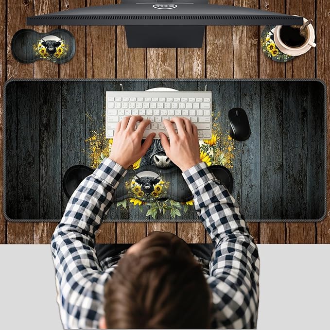Ergonomic Keyboard Wrist Rest &amp Mouse Pad Wrist Rest SetXL Gaming Desk Mat 31.5x 11.8Non-Slip BaseMemory FoamEasy Typing Pain Relief for Office &amp HomeHighland Cow Sunflowers