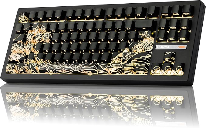 ZORNHER ZH870 Wireless Gaming Mechanical Keyboard80% Black Custom Creamy Sound Keyboard with Shine Though Wave of Kanagawa Kanagawa KeycapsCreamy Sounding Linear SwitchesHot-SwappableRGB Backlit