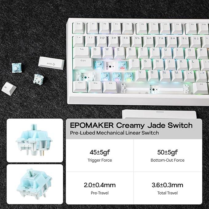 EPOMAKER G84 80% RGB Gaming Mechanical Keyboard 2.4GHz/ Type-C/BT Wireless Keyboard QMK/VIA Programmable Hot-Swappable NKRO with Shine Through PBT Keycaps for Gamers (White Creamy Jade Switch)