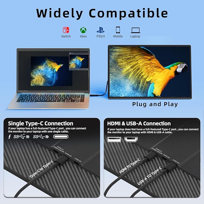 16 Portable Monitor for Laptop 1200P FHD Laptop Screen Extender Travel External Display USB-C HDMI Port Detachable Kickstand Gaming Monitor Compatible with Wins Mac Chrome Dex Phone