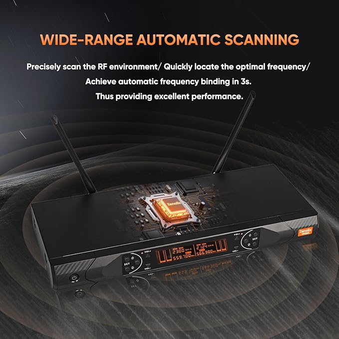 Wireless Microphone System Metal Dual UHF Cordless Handheld Dynamic Karaoke Mic Set Auto Scan Long Range 200ft for Home Karaoke Singing DJ Party Church Wedding Speech (UM203)