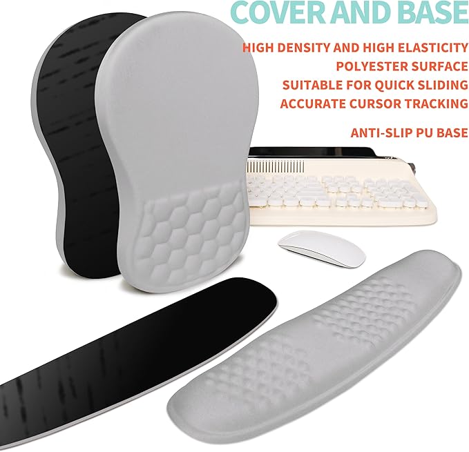 2-in-1 Ergonomic Set Wave Rise Keyboard Wrist Rest and Massage Bulge Slope Mouse Pad Wrist Support Cushion Memory Foam Integrated to Relieve Wrist Pain Silver Gray