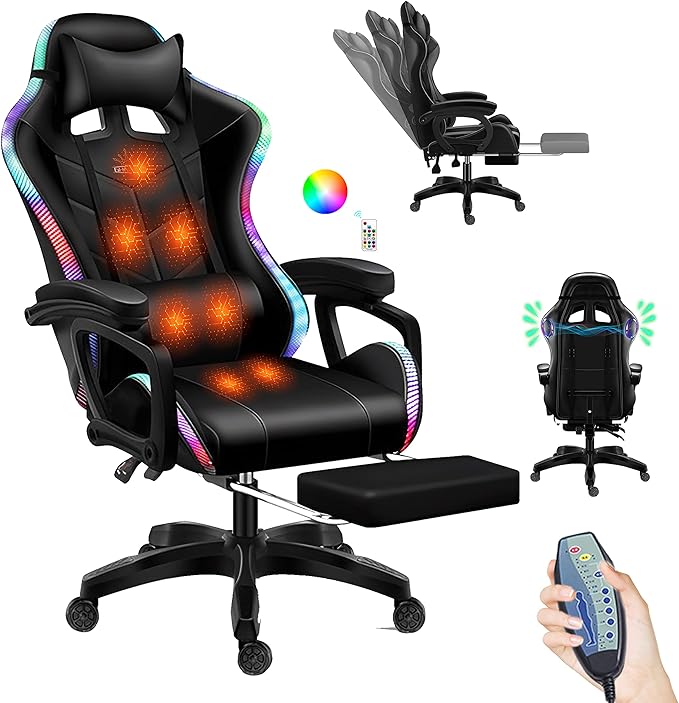 TBQATNTS Gaming Chair Gaming Chair with 7-Point Massage Function Computer Chair with Speakers and RGB Lights Ergonomic Racing Chair Gaming Chair for Adults with Headrest and Lumbar Pillow.Black
