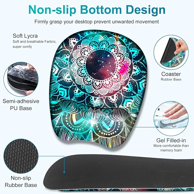 Large Mouse Pad with Wrist Support 4 in1 Set XXL Big Game Mousepad + Keyboard Wrist Rest+Mouse Wrist Rest+Coaster Ergonomic Gaming Mat for Home Office Table Computer I Nice Green Mandala
