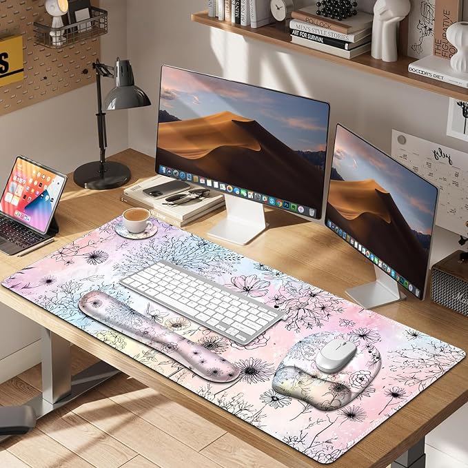 Large Mouse Pad Keyboard Wrist Rest Set Ergonomic Mouse Pad with Wrist Support Desk Mat with Stitched Edges Extended Desk Pad Waterproof Desk Mat for Home Office Game I Dandelion &amp Sunflower