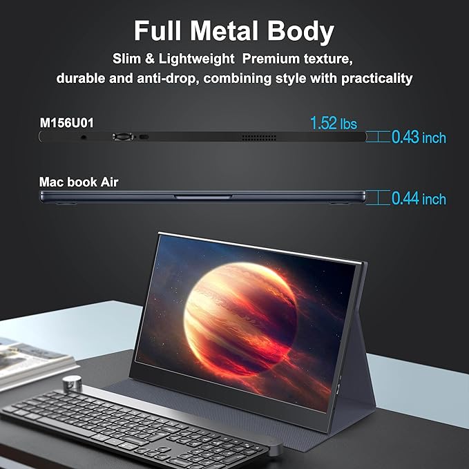 Portable Monitor for Laptop 15.6 FHD 1080P IPS Travel Screen with Speakers &amp Smart Cover VESA Mount (75x75mm) USB-C &amp HDMI Port for PC Mac Phone PS5 Xbox Switch