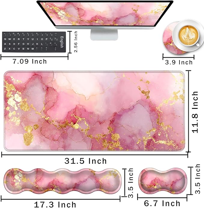 Keyboard Wrist Rest and Mouse Pad with Wrist Support Set Ergonomic CoasterMemory FoamEasy Typing Pain ReliefLarge XL Desk Mat 31.5x 11.8Pink Gold Marble