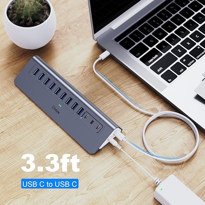 Powered USB Hub 10Gbps intpw YH9AC 12-Port USB Splitter with USB A/USB C 3.2 4 USB 3.0 2 PD 45W Charging Ports 65W Power Adapter + 3.3FT Cable Aluminum USB Extender Hub for Laptop/PC/iPhone 16/15