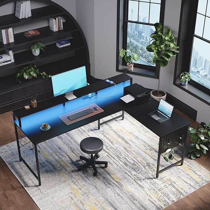 Pamray 64 Inch L Shaped Gaming Desk with Power Outlets and Led Lights Large Corner Computer Desk with Monitor Stand and Pegboard PC Table for Home Office and Bedroom Black