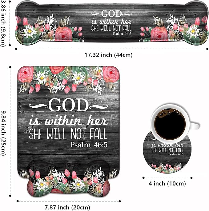 Wrist Rest Support Ergonomic Gel Mouse Pad &amp Memory Foam Keyboard Set Non-Slip Rubber PU Base for Home Office Working Studying Easy Typing &amp Pain Relief - Floral Quote Bible Verses Psalm 46:5