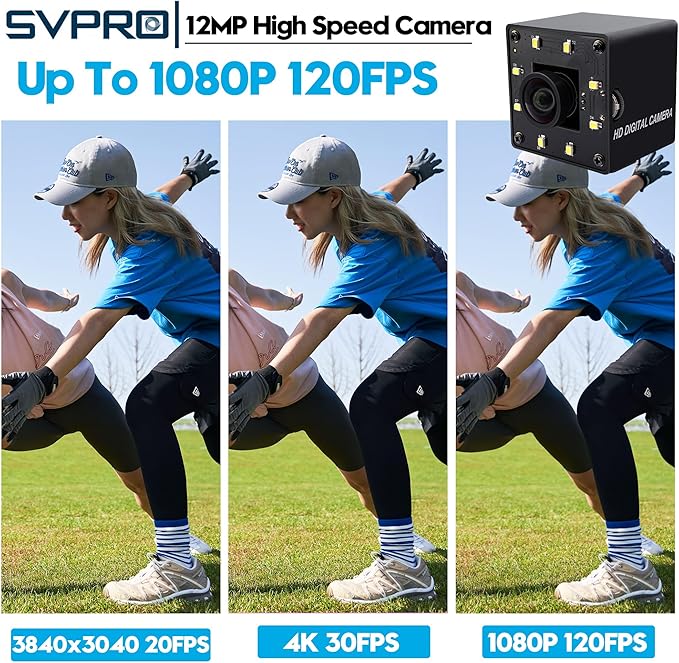 SVPRO 12MP USB Camera with Light 4K Webcam 30fps / 1080P 120fps High Speed IMX577 Sensor Low Light USB Plug and Play for Lightburn PC/Laptop Comptible with Windows/MacOS/Linux/Android