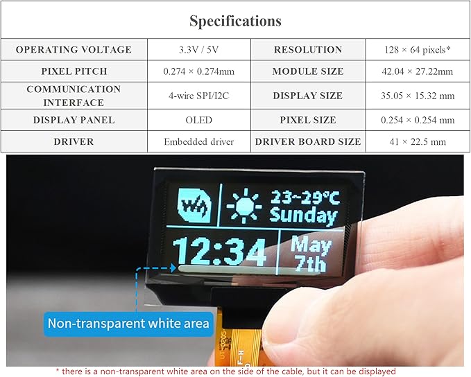1.51inch Transparent OLED Compatible with Raspberry Pi 5/4B/3B+/3B/A+/Pi Zero W/Pi Zero 2W 128 x 64 Resolution SPI/I2C Interfaces Embedded Independent Driver Chip Light Blue Color Display