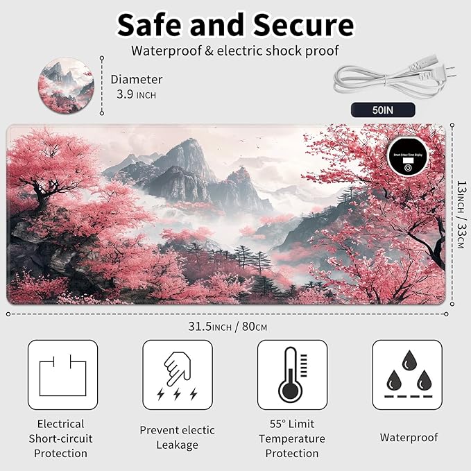 Warm Desk PadHeated Desk PadOffice Mat3 Heating Levels &amp 3 Hours Auto Shut-Off31.5*13 Gaming Mouse Laptop Keyboard Leather Desk MatWatercolor Tree Mountain