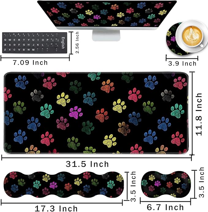Keyboard Wrist Rest and Mouse Pad with Wrist Support Set Ergonomic CoasterMemory FoamEasy Typing Pain ReliefLarge XL Desk Mat 31.5x 11.8Colorful Paw Prints